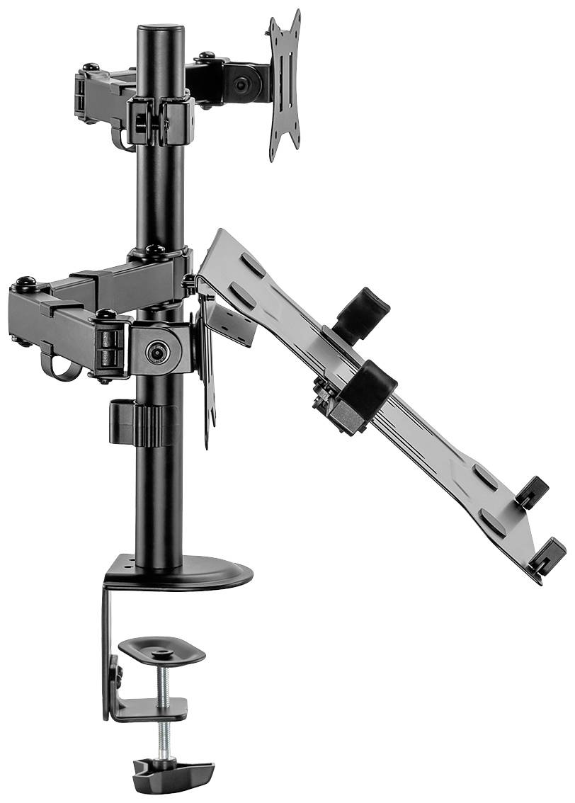 Monitorständer mit Befestigungsklemme, zwei Halterungen: oben für einen Monitor, unten für einen Laptop. Flexibel und einstellbar.