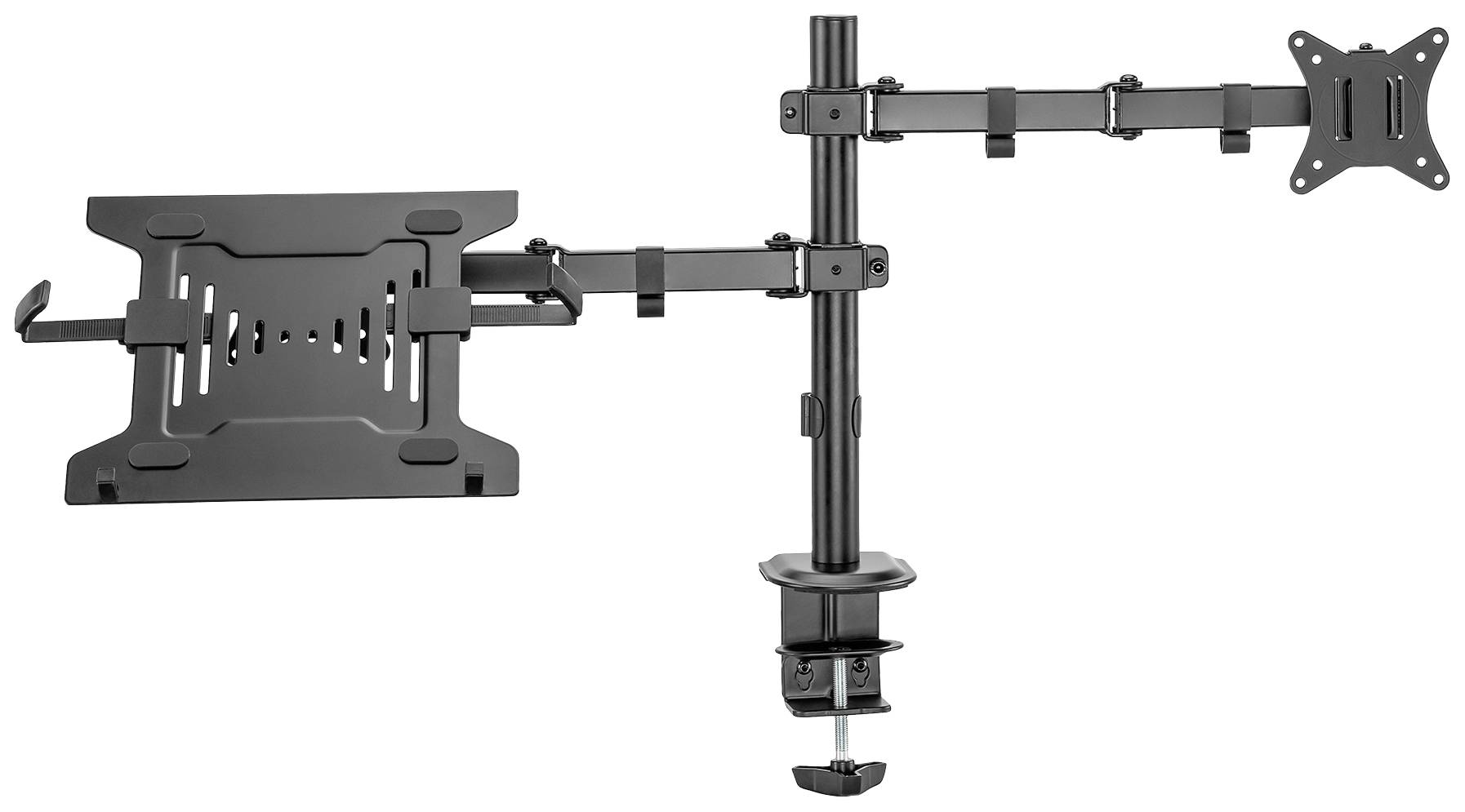 Doppelarmiger, schwarzer Monitor- und Laptophalter mit Klemmbefestigung für den Schreibtisch, verstellbar für verschiedene Winkel.
