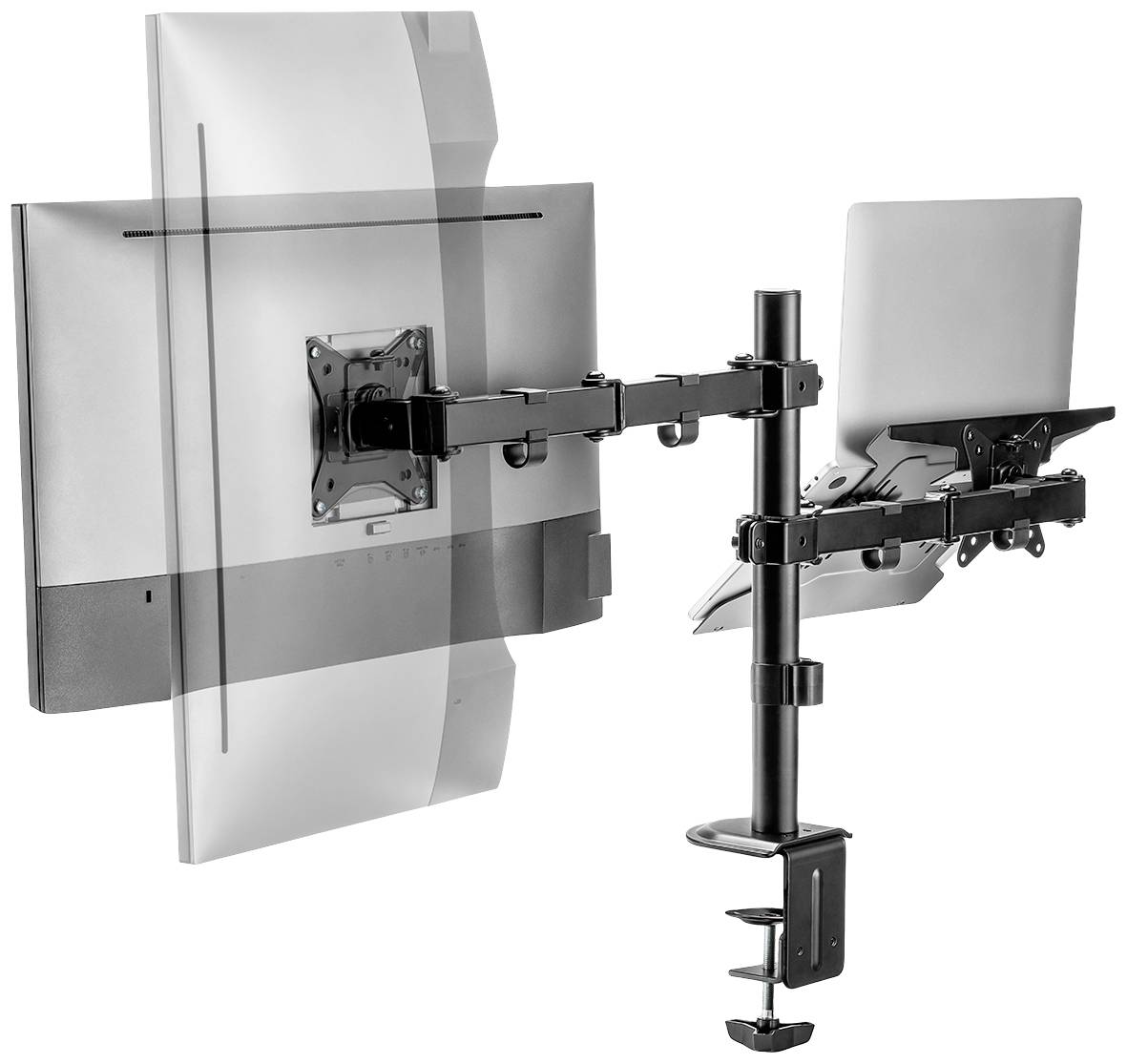 Ein dualer Monitor- und Laptop-Armhalterung, die an einem Tisch befestigt ist, ermöglicht flexible Positionierung von Bildschirm und Laptop.