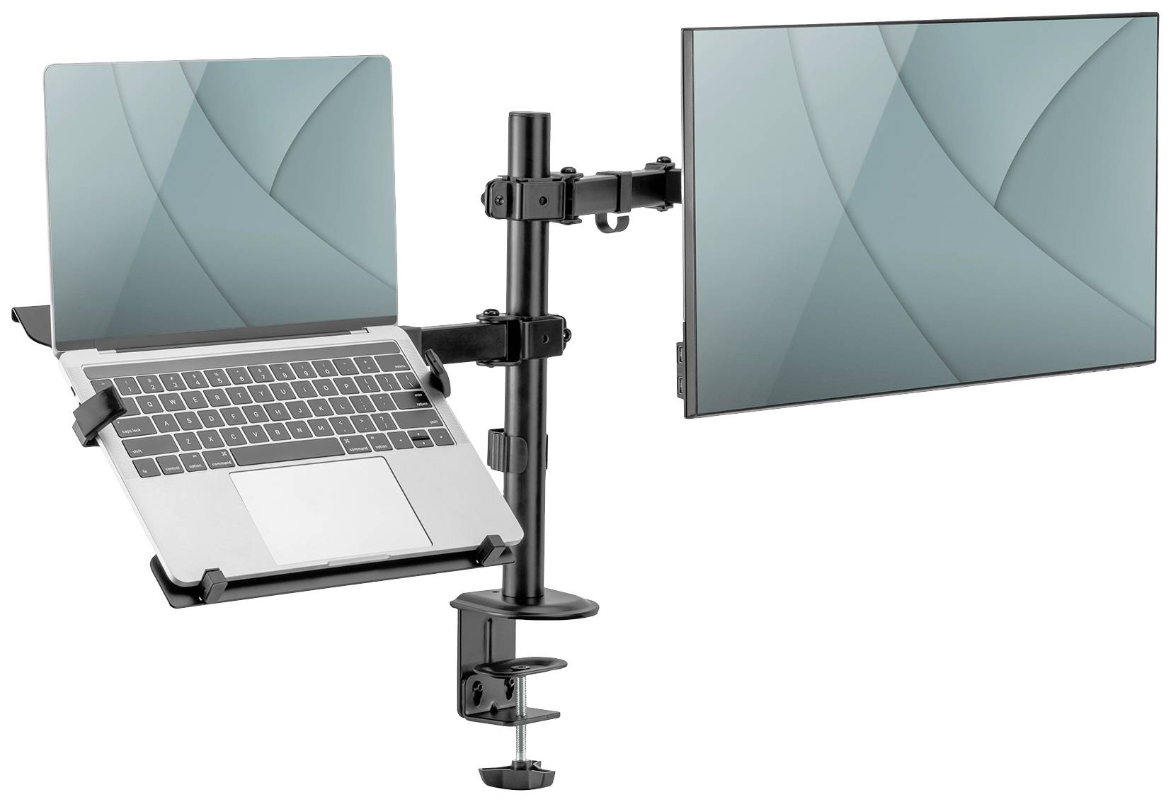 Ein doppelter Monitorhalter mit einem Laptophalter links und einem Monitorhalter rechts, montiert an einem gemeinsamen Stab.