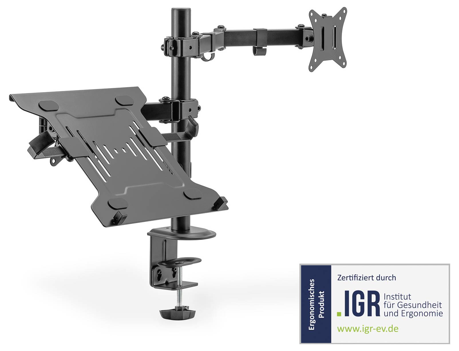 Monitor- und Laptop-Halterung, höhenverstellbar mit Schwenkarm. Zertifiziert durch das Institut für Gesundheit und Ergonomie.