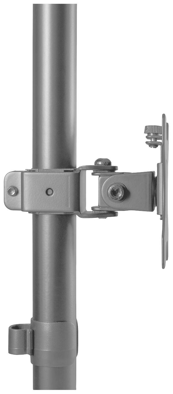 Metallhalterung an vertikaler Stange angebracht, mit verstellbarem Gelenk. Geeignet zur Befestigung von Geräten oder Zubehör.