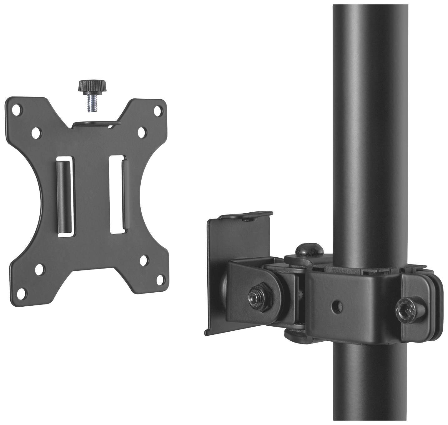 Halterungsbausatz für Monitorarme mit 4-Loch-VESA-Befestigung, Schraube und vertikalem Stab zur Befestigung.