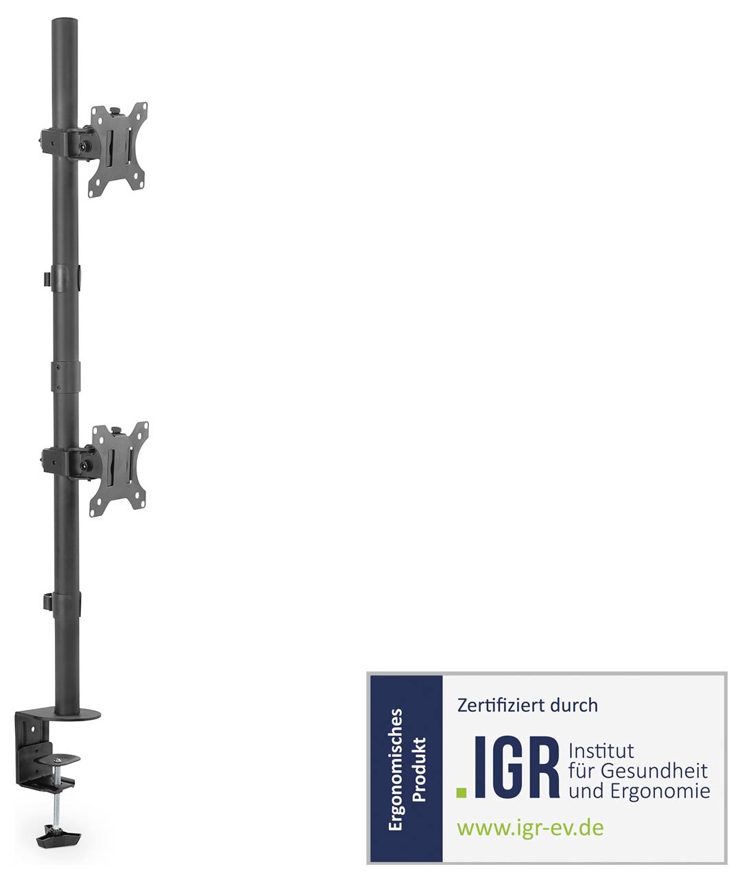 Ein ergonomisches Produkt mit doppelter Monitorhalterung, zertifiziert durch das 'Institut für Gesundheit und Ergonomie'.