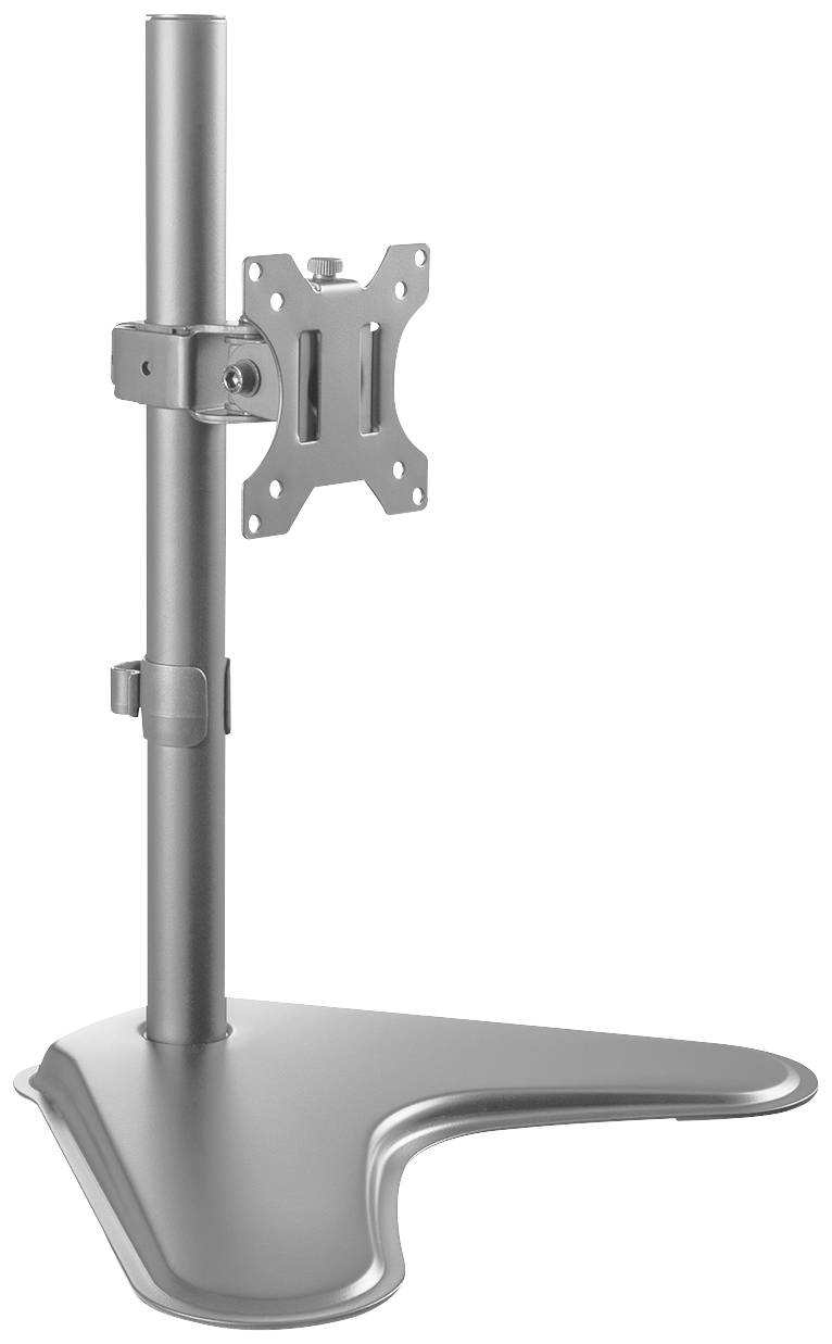 Silberner Monitorständer mit einem höhenverstellbaren Arm und einer Halterung für die Wandmontage, stehend auf einer dreieckigen Basis.