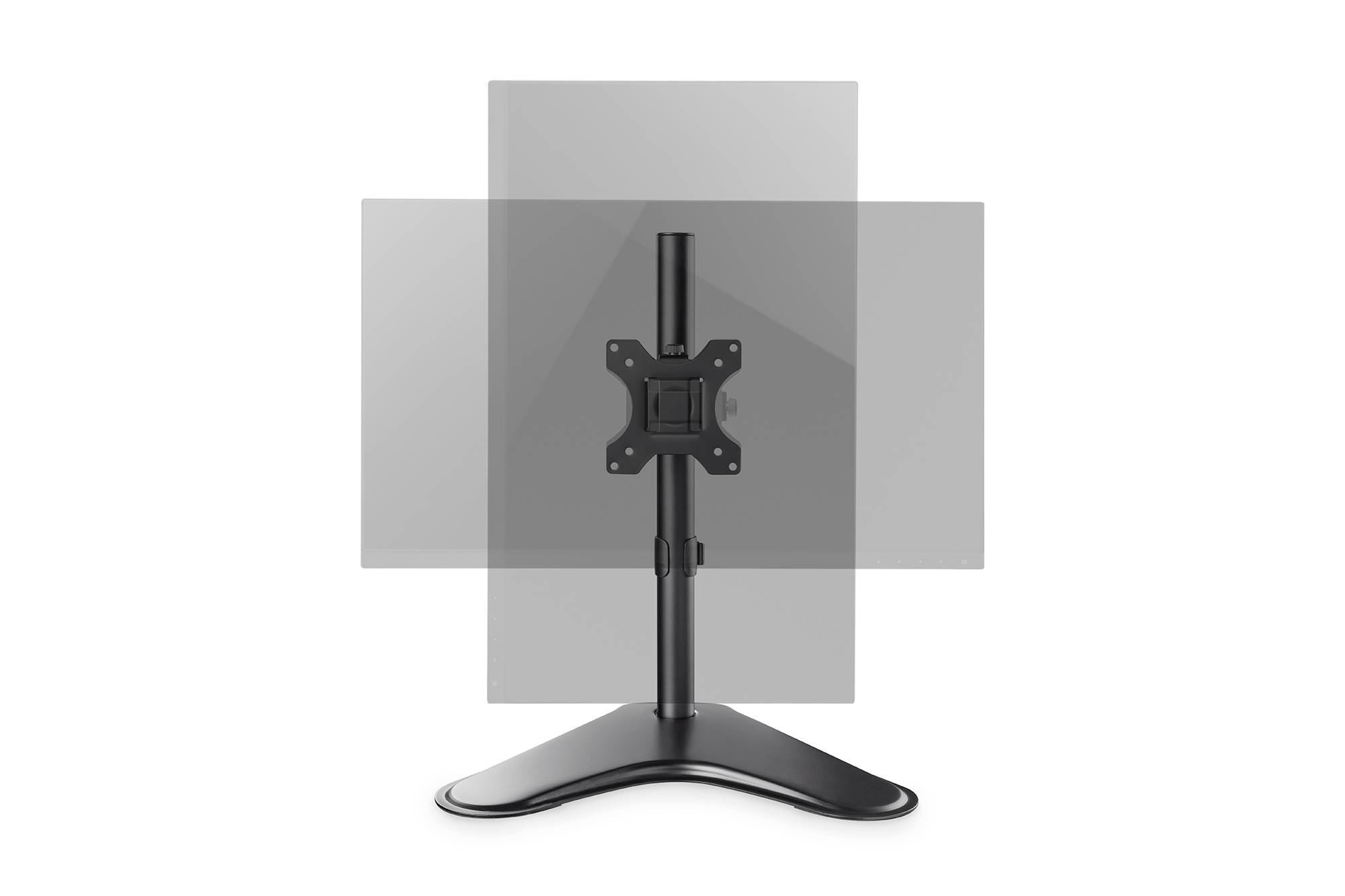 Schwenkbarer Monitorständer mit V-förmigem Fuß, ermöglicht flexible Bildschirmpositionierung und -drehung für ergonomische Sicht.