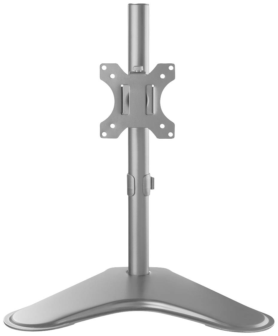 Ein silberner Monitorständer mit verstellbarem Halterungsarm und V-förmigem Fuß, geeignet für Monitore unterschiedlicher Größen.