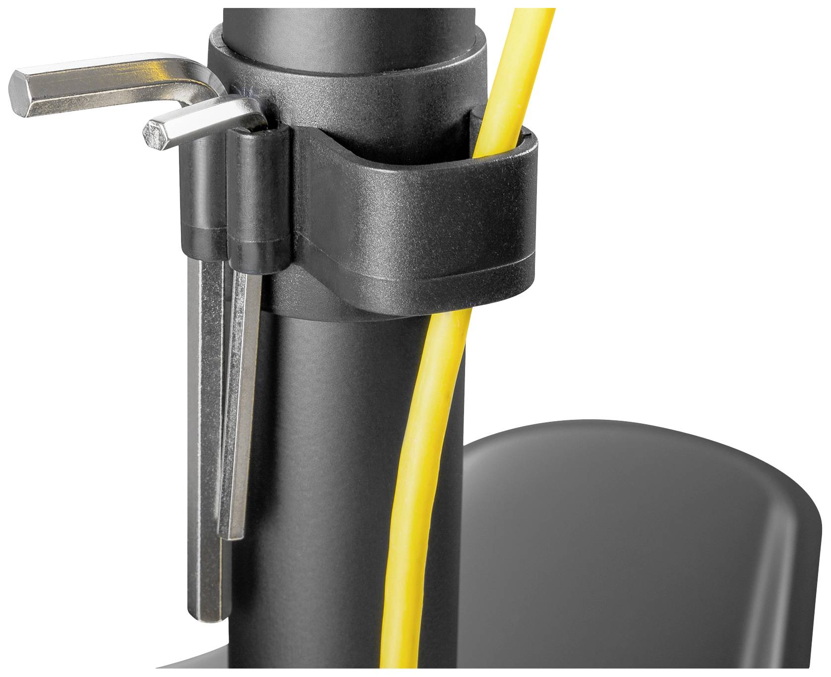 Ein schwarzer Ständer mit Halterung, die einen gelben Kabel und zwei Sechskantschlüssel hält.