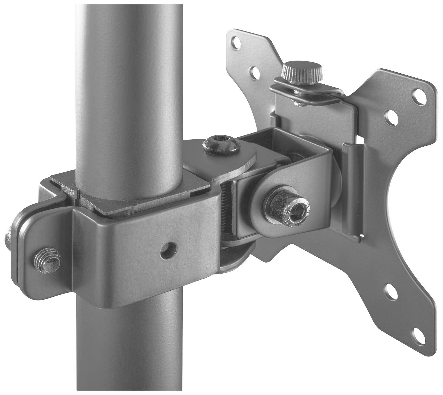 Metallklemme befestigt an einem Rohr, mit Halterung für eine TV- oder Monitorwandmontage, seitliche Ansicht.