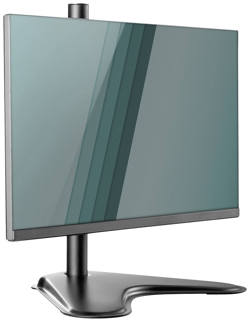 Ein flacher Computermonitor mit schmalem Rahmen, montiert auf einem schlanken, geschwungenen Standfuß. Der Bildschirm ist ausgeschaltet.