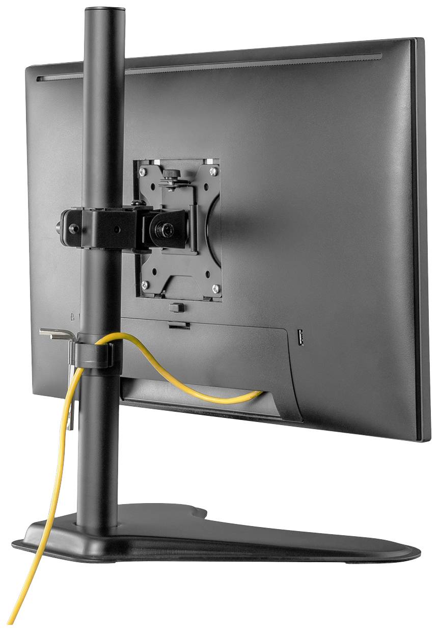 Ein Monitor auf einem höhenverstellbaren Standfuß, von hinten gesehen. Ein gelbes Kabel ist um die Stange gewickelt.