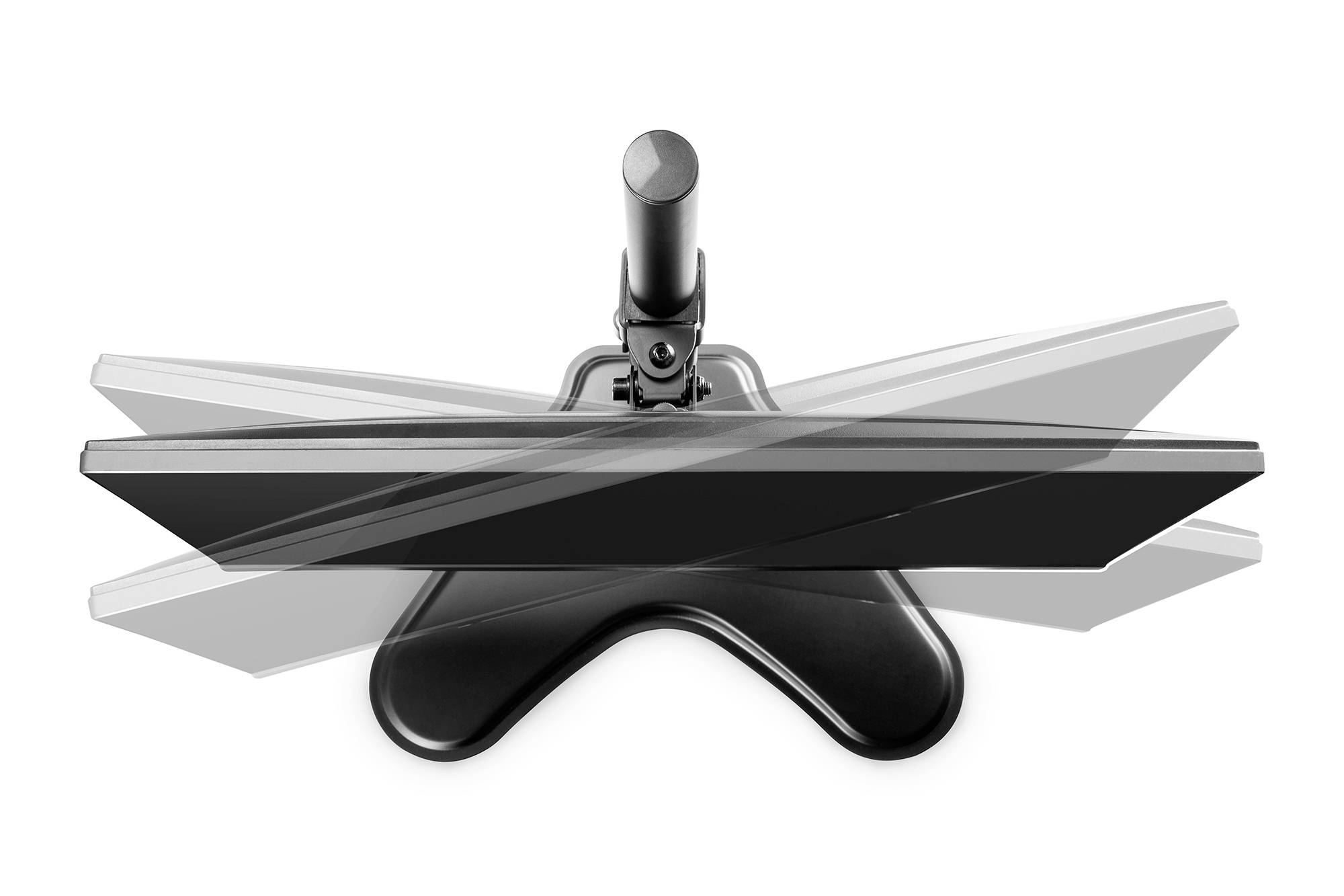 Monitor auf einem verstellbaren Standfuß zeigt drehbare Funktionen von links nach rechts.