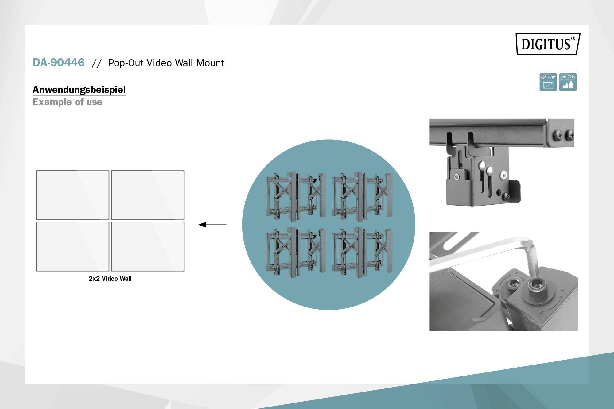 'Digitus' Pop-Out Video Wall Halterung DA-90446. Anwendung: 2x2 Video Wall Beispiel mit Detailansicht der Halterungskomponenten.