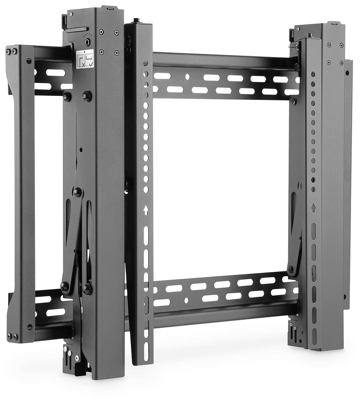 Metallische Halterung für Monitore oder Fernseher, mit ausziehbarem und schwenkbarem Arm, für flexible Montagemöglichkeiten.