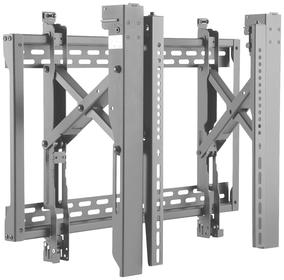 Eine robuste, verstellbare Wandhalterung aus Metall für große Bildschirme, mit Querstreben zur Stabilisierung und mehreren Befestigungspunkten.