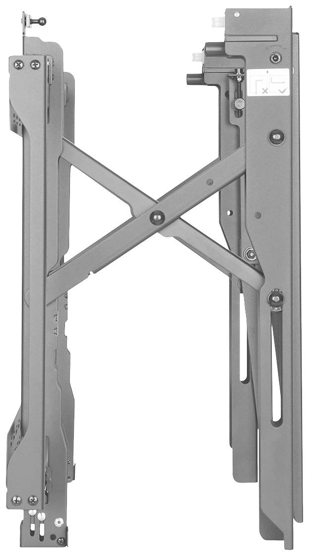 Mechanismus zur Tischhöhenverstellung mit Hebeln und Schrauben, montiert an Metallrahmen.