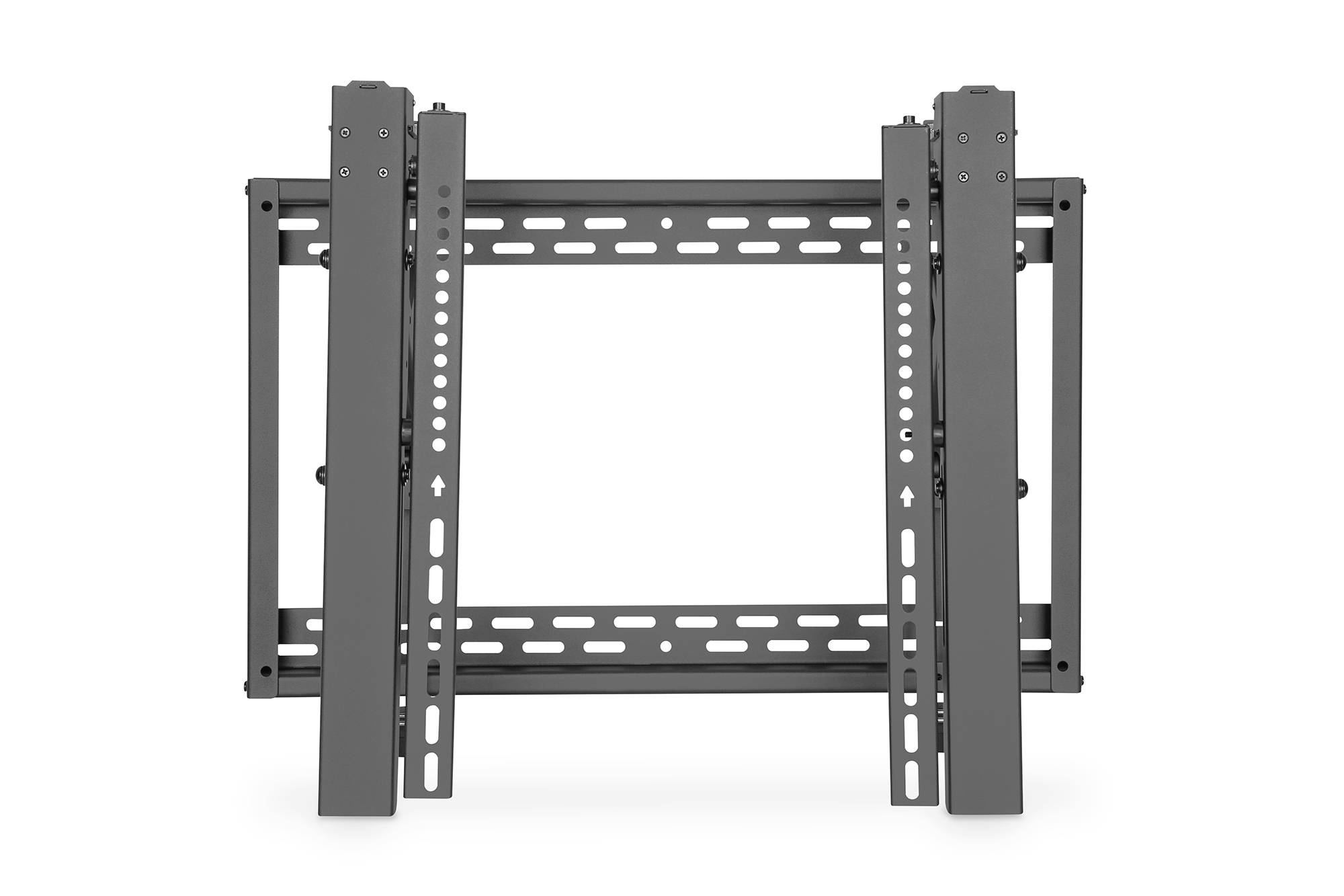 Ein grauer, rechteckiger TV-Wandhalterungsrahmen aus Metall mit mehreren Befestigungslöchern und zwei vertikalen Schienen.