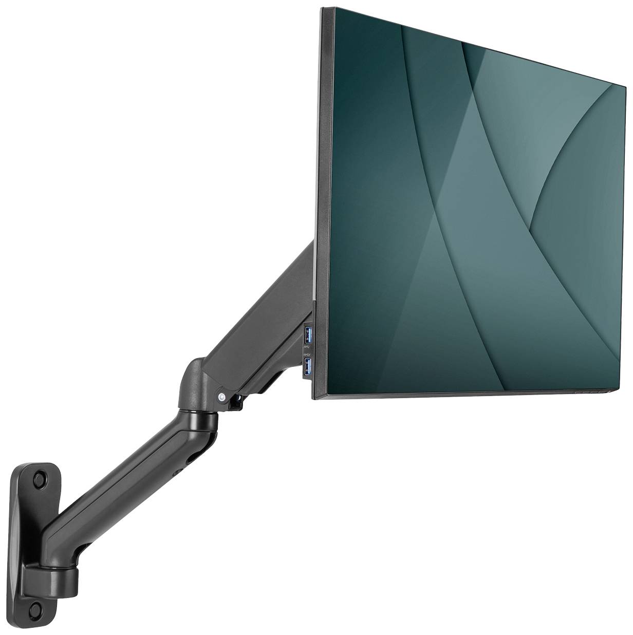 Ein schwarzer Monitorarm an der Wand hält einen Monitor in einem modernen Design. Der Monitor zeigt ein abstraktes Muster in Grün.