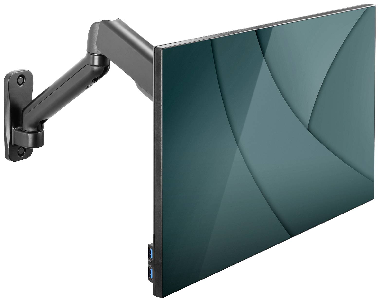 Ein Flachbildschirm ist an einem beweglichen Wandarm montiert, der flexibles Positionieren ermöglicht. Der Bildschirm zeigt ein abstraktes, blau-grünes Muster.