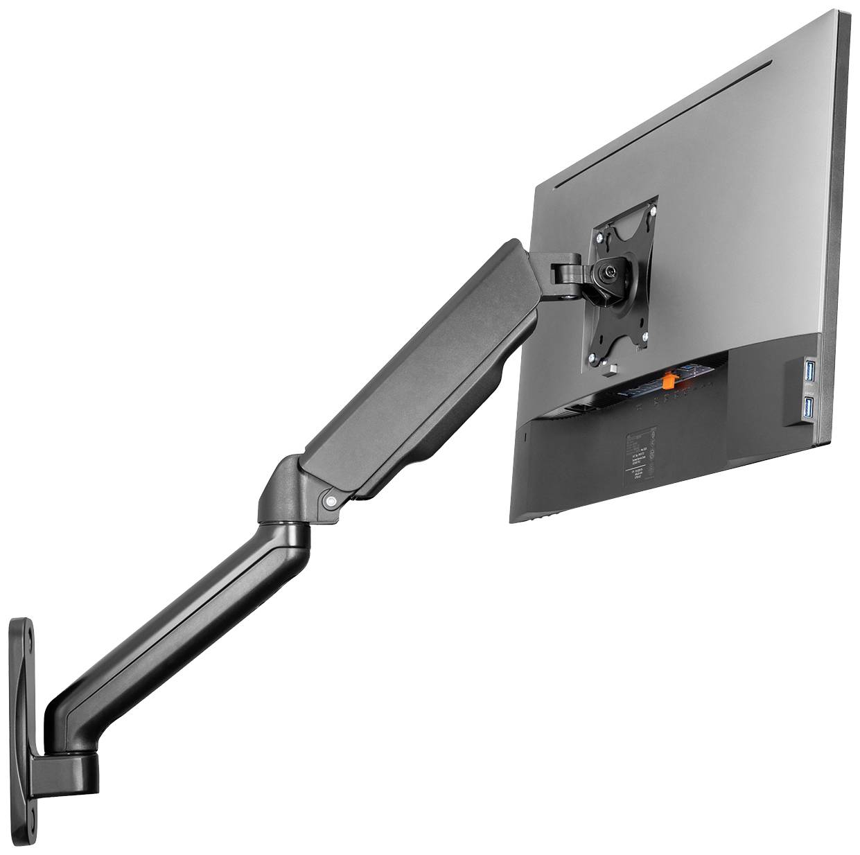 Ein schwarzer Monitorarm hält einen Flachbildschirm. Der Arm ist an einer Wandhalterung befestigt und ermöglicht flexible Positionierung.
