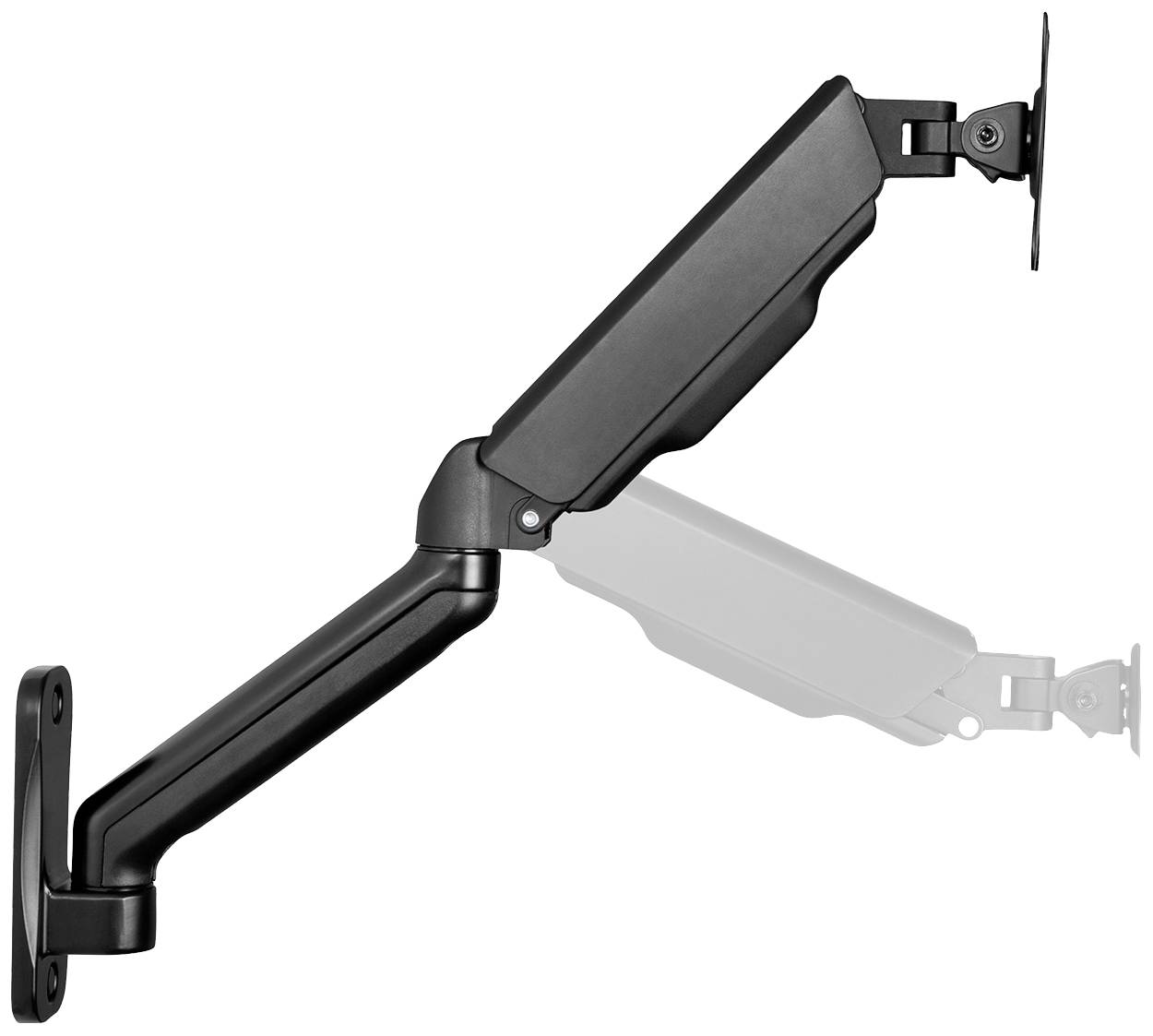 Schwarzer, verstellbarer Monitorarm zur Wandmontage, zeigt zwei Positionen: eingeklappt und ausgeklappt, für flexible Bildschirmplatzierung.