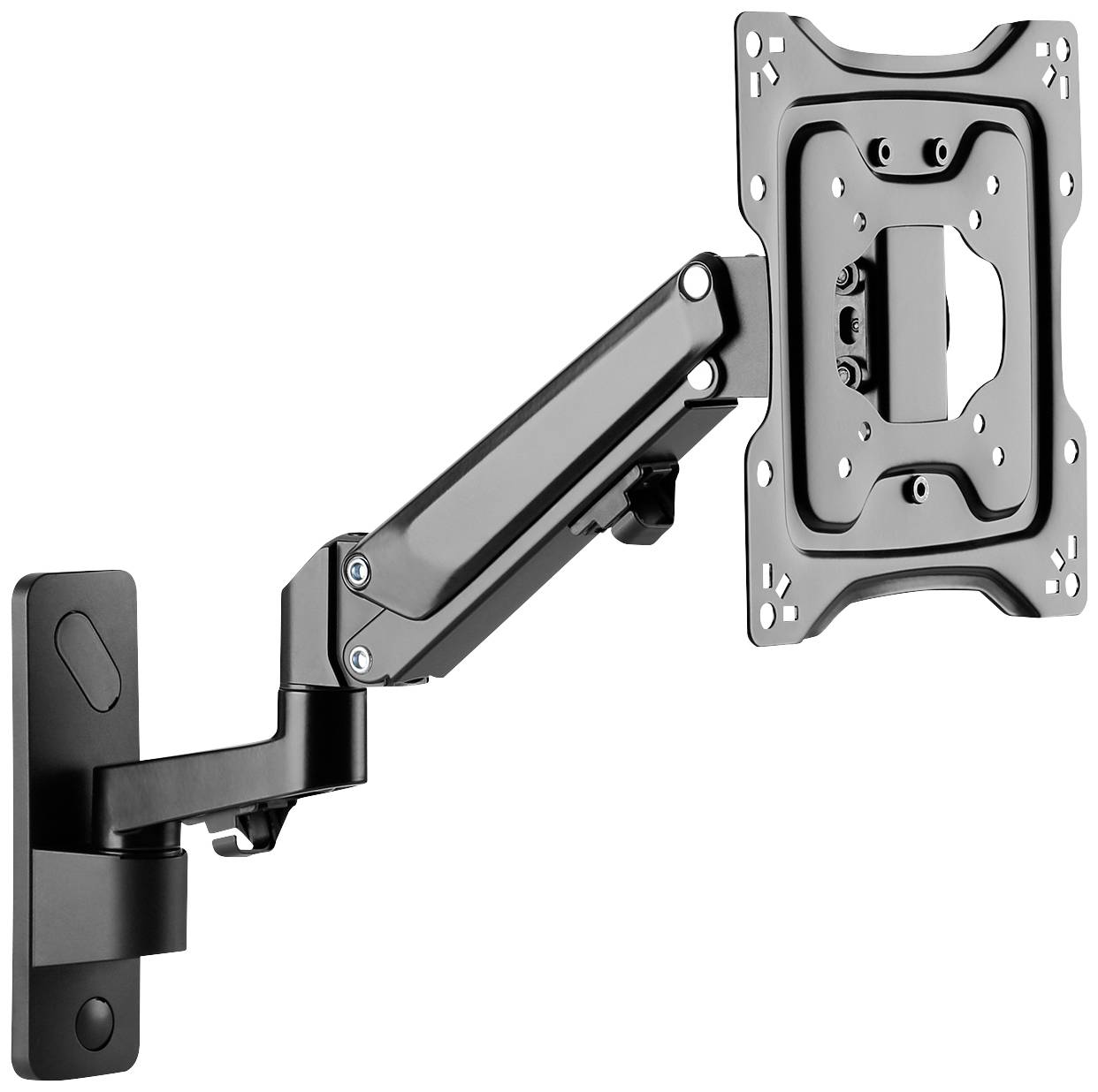 Schwarzer, verstellbarer Monitorarm aus Metall, an einer Wandhalterung montiert. Geeignet für das Anbringen eines Flachbildschirms.