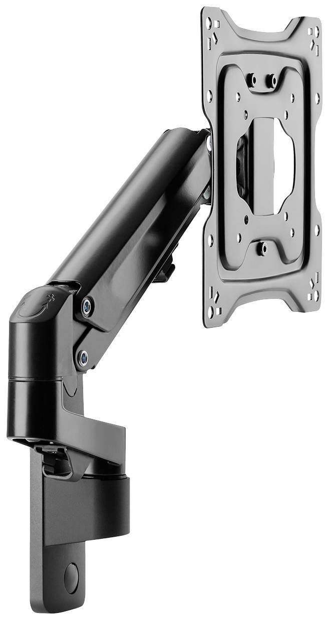 Schwenkbarer Monitorarm aus schwarzem Metall, geeignet zur Wandmontage von Bildschirmen.