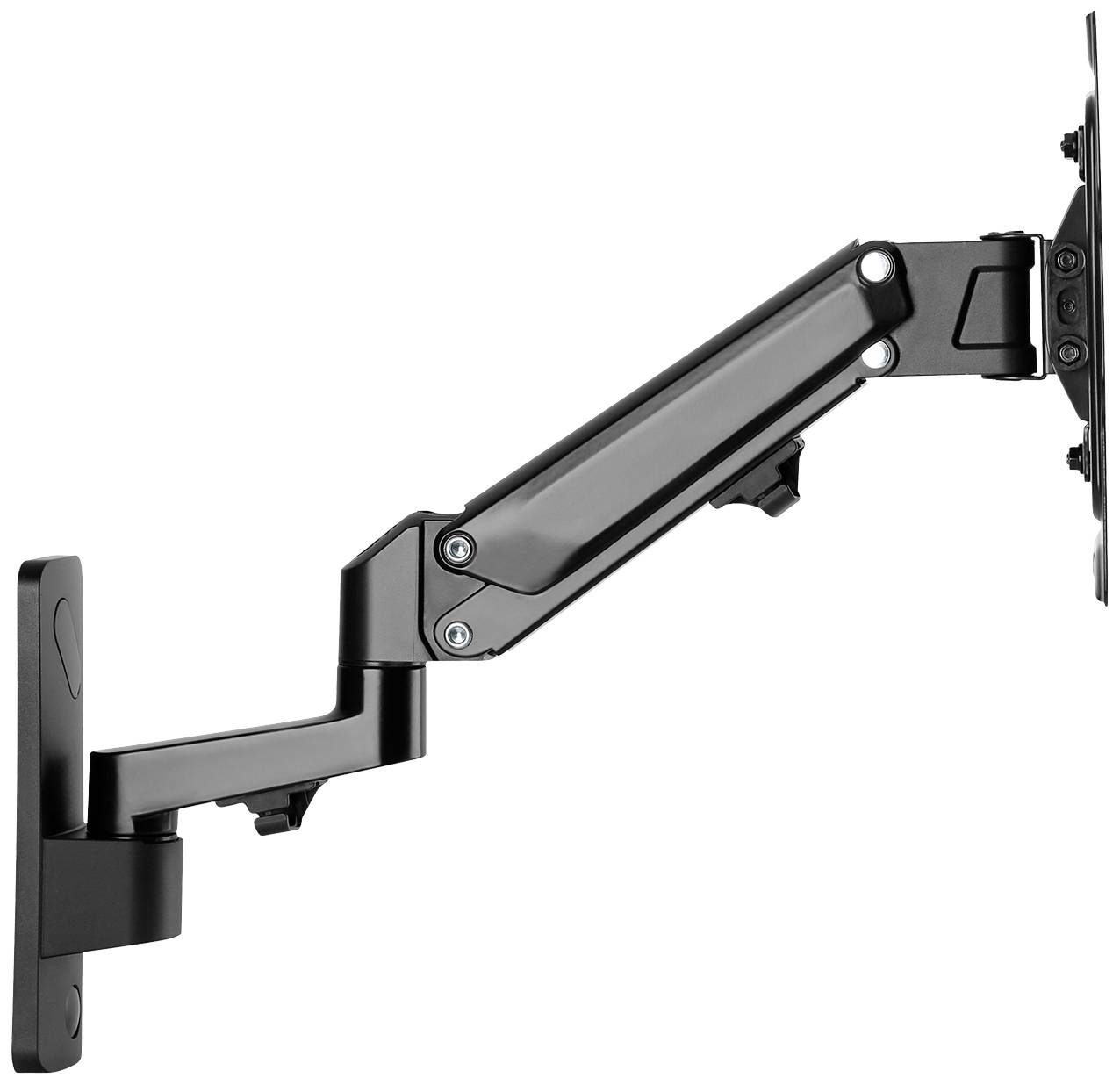 Verstellbarer Monitorarm aus schwarzem Metall, an der Wand befestigt, für flexible Bildschirmpositionierung.