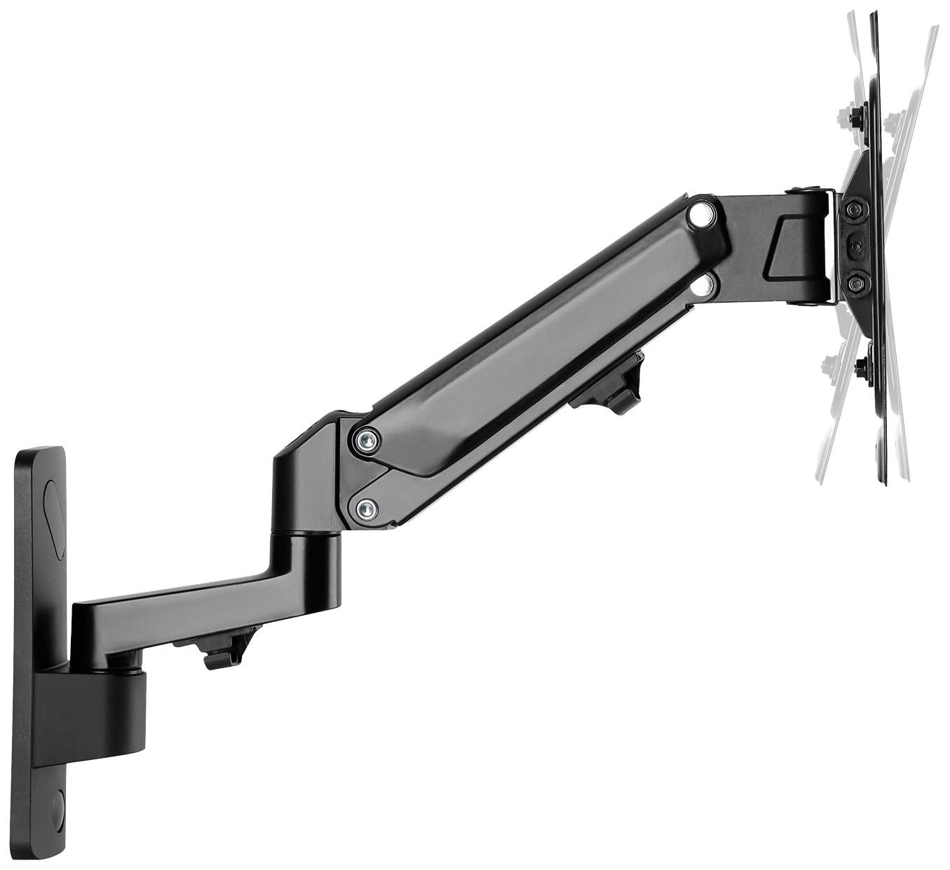 Ein schwarzer, verstellbarer Monitorarm, der an der Wand montiert ist. Geeignet zum Halten eines Bildschirms in verschiedenen Positionen.