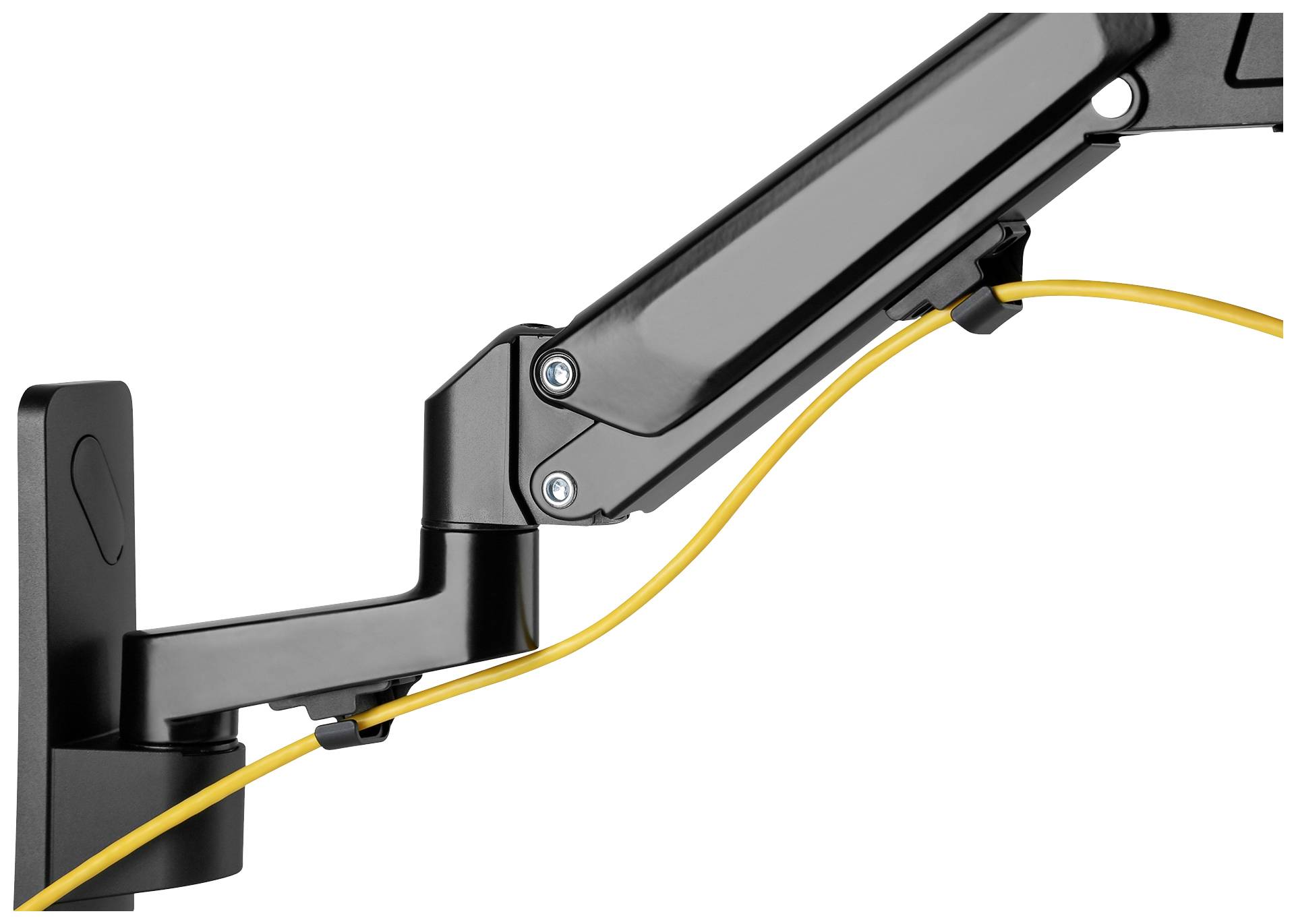 Schwarzer Monitorarm mit gelbem Kabel geführt entlang der Armstruktur.