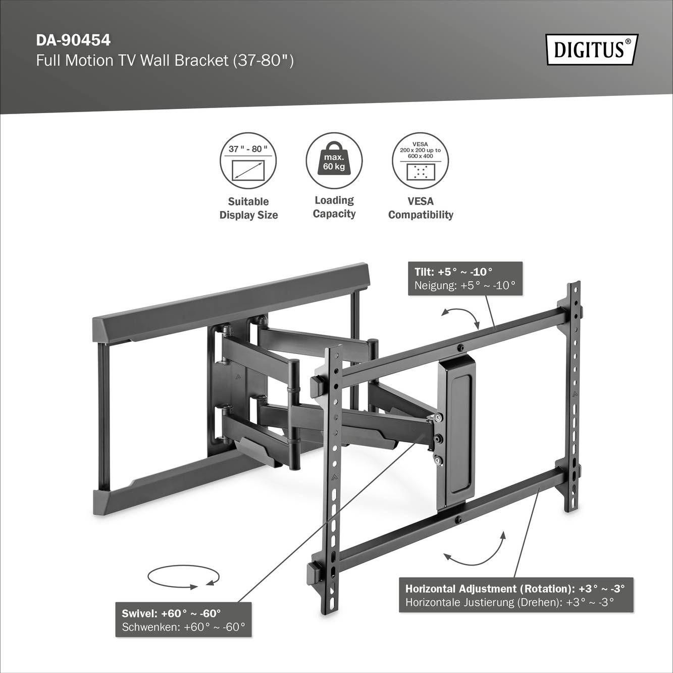 Digitus DA-90454 TV-Wandhalterung Variabler Wandabstand 114,3cm (45") - 177,8cm (70") Ausziehbar, Neigbar, Neigbar + Rotierbar