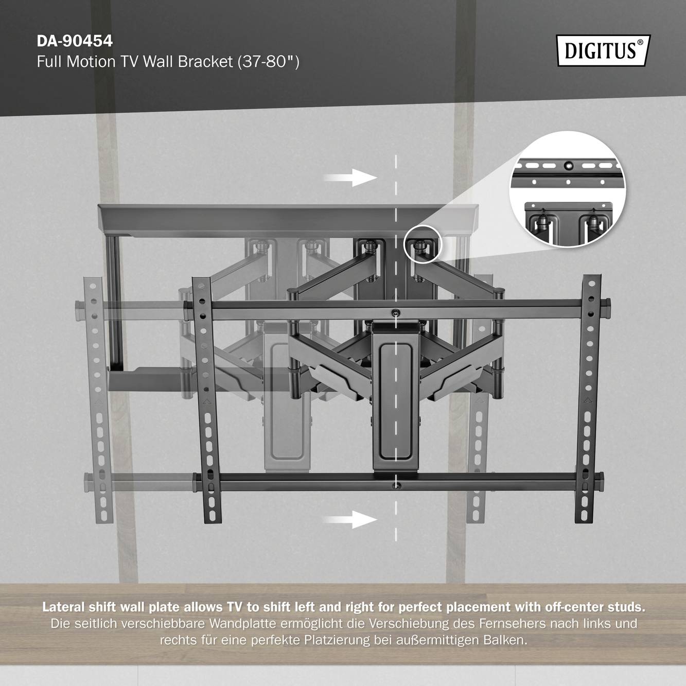 Digitus DA-90454 TV-Wandhalterung Variabler Wandabstand 114,3cm (45") - 177,8cm (70") Ausziehbar, Neigbar, Neigbar + Rotierbar