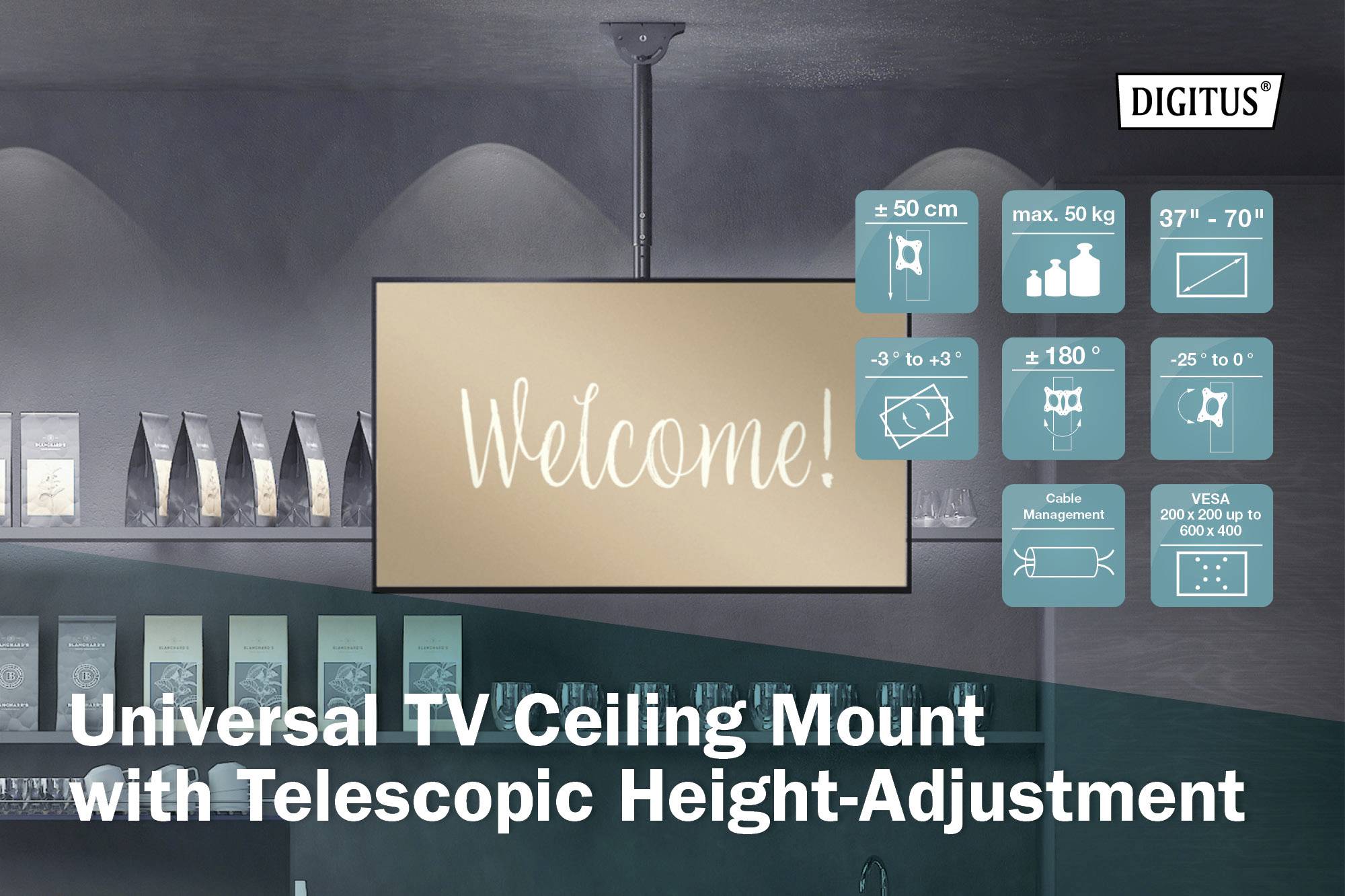 Digitus DA-90421 TV-Deckenhalterung 114,3 cm (45") - 177,8 cm (70") Ausziehbar, Neigbar, Rotierbar