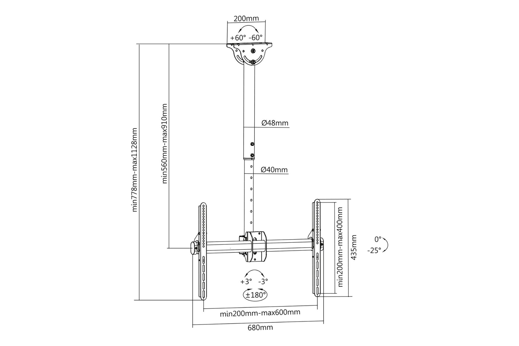 Digitus DA-90421 TV-Deckenhalterung 114,3 cm (45") - 177,8 cm (70") Ausziehbar, Neigbar, Rotierbar