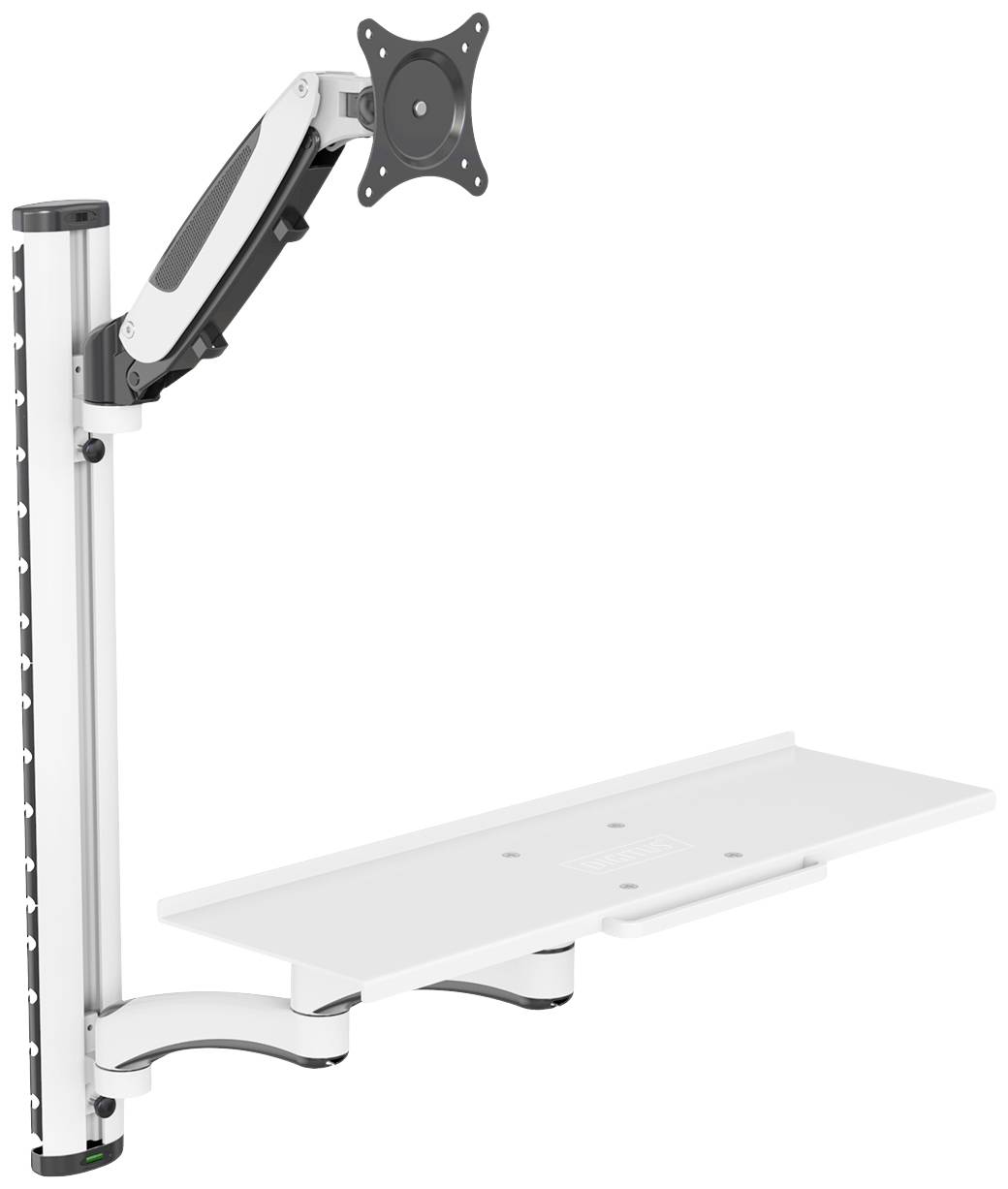 Monitorhalterung mit verstellbarem Arm und integrierter Ablage für Tastatur oder Laptop. Geeignet für Büros oder Arbeitsplätze zur Optimierung des Platzes.