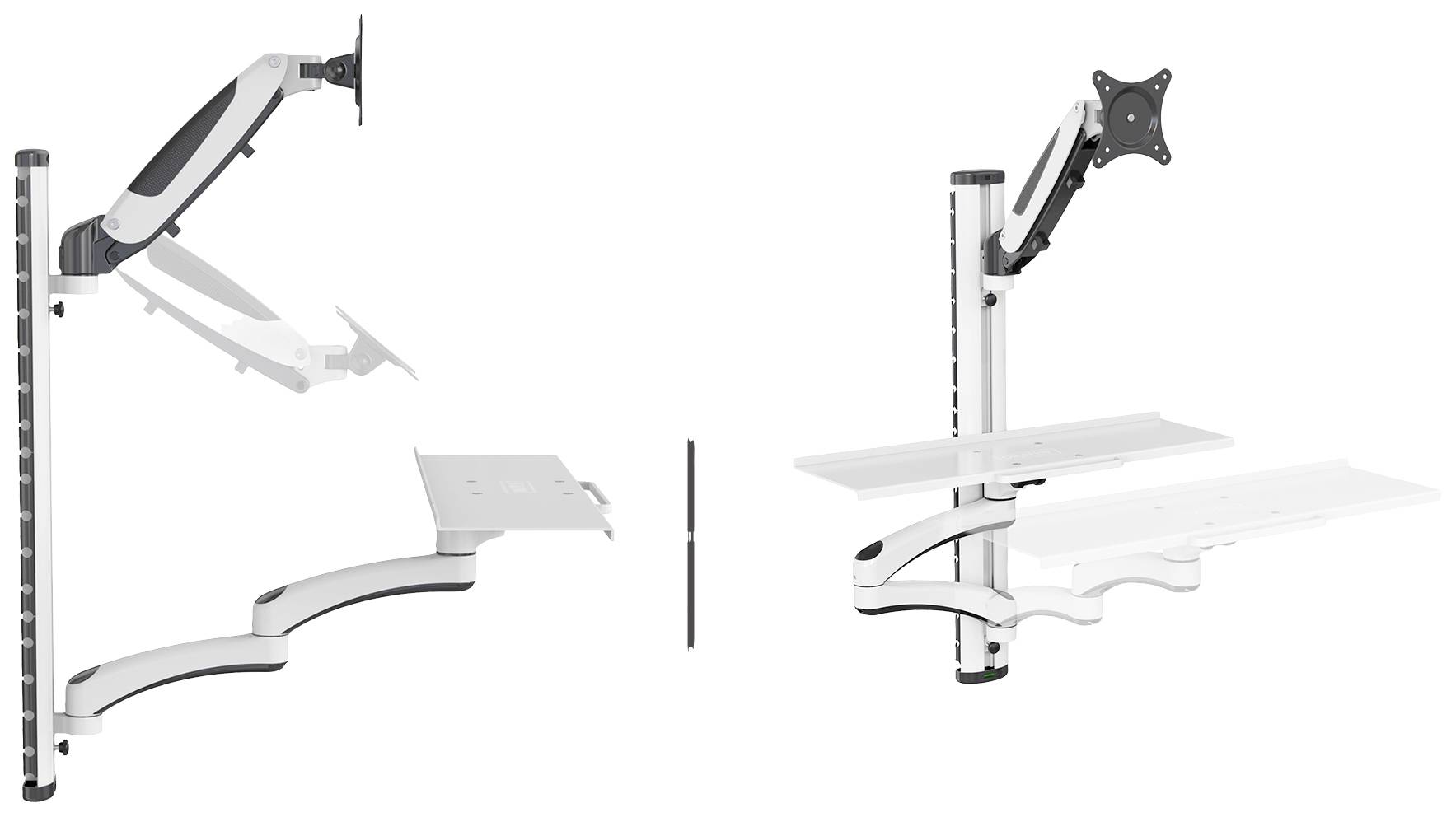 Monitor- und Tastaturhalterung zur Wandmontage, Höhenverstellung und Neigung. Geeignet für ergonomische Arbeitsplätze.