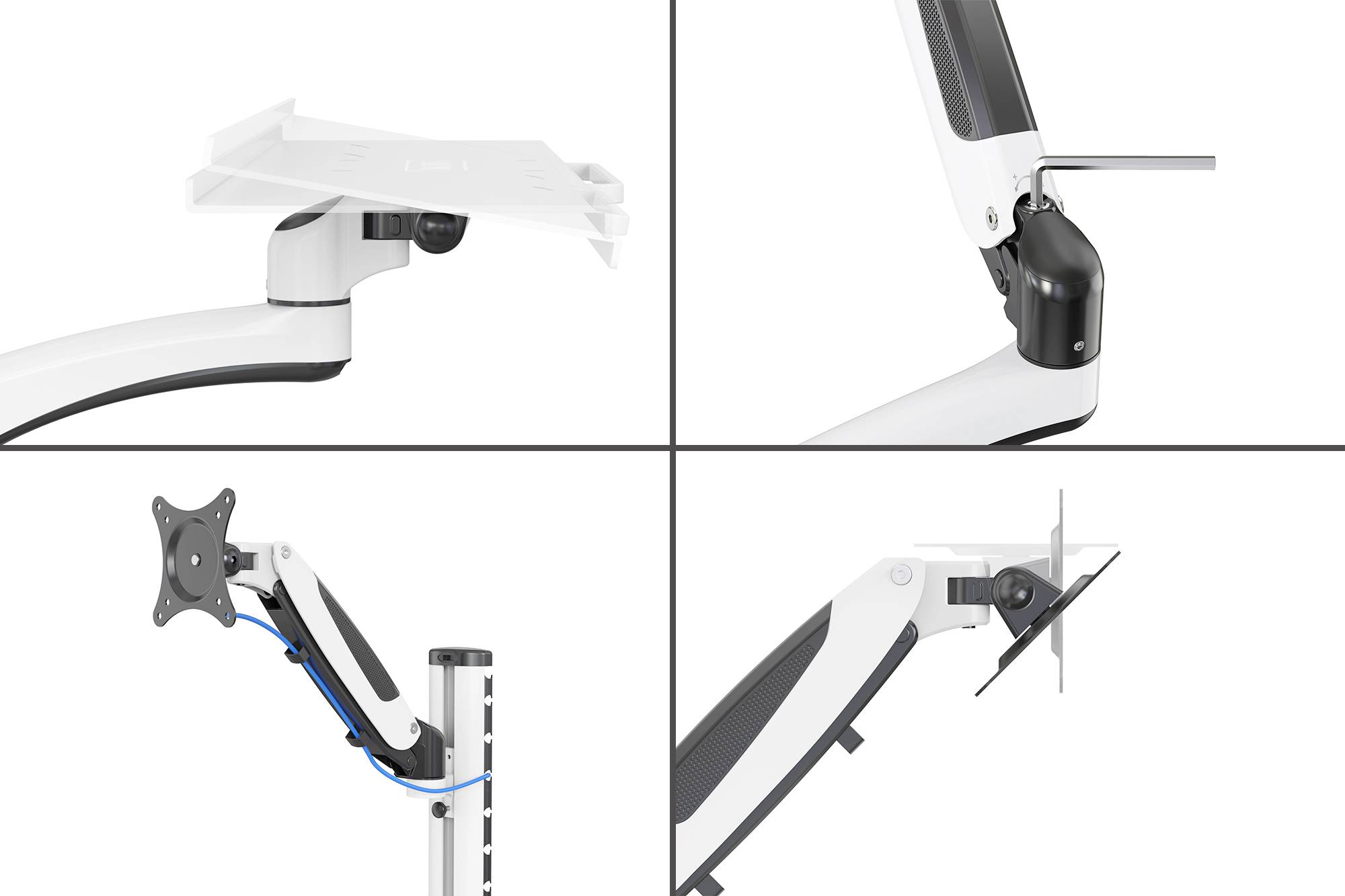 Vier Bilder eines verstellbaren Monitorarms aus verschiedenen Blickwinkeln; zeigt Gelenk- und Befestigungsdetails.