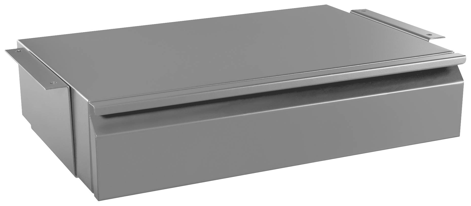 Grauer, rechteckiger Metallkasten mit flachem Deckel. Verwendung als Lüftungskomponente oder Schachtabdeckung in einem Belüftungssystem möglich.