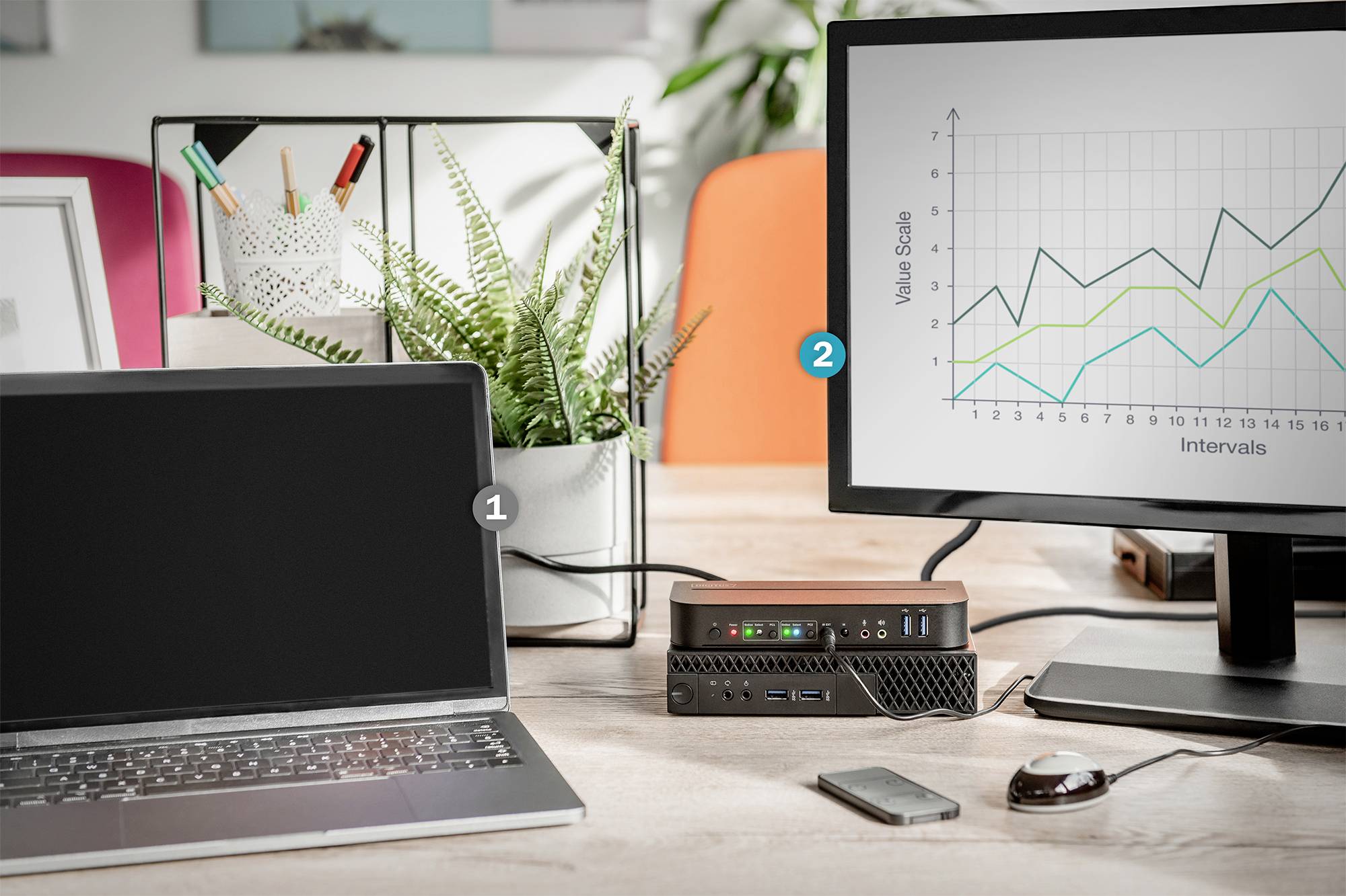 Ein Laptop ist über eine Dockingstation mit einem Monitor verbunden. Der Monitor zeigt ein Liniendiagramm mit wachsenden Werten.