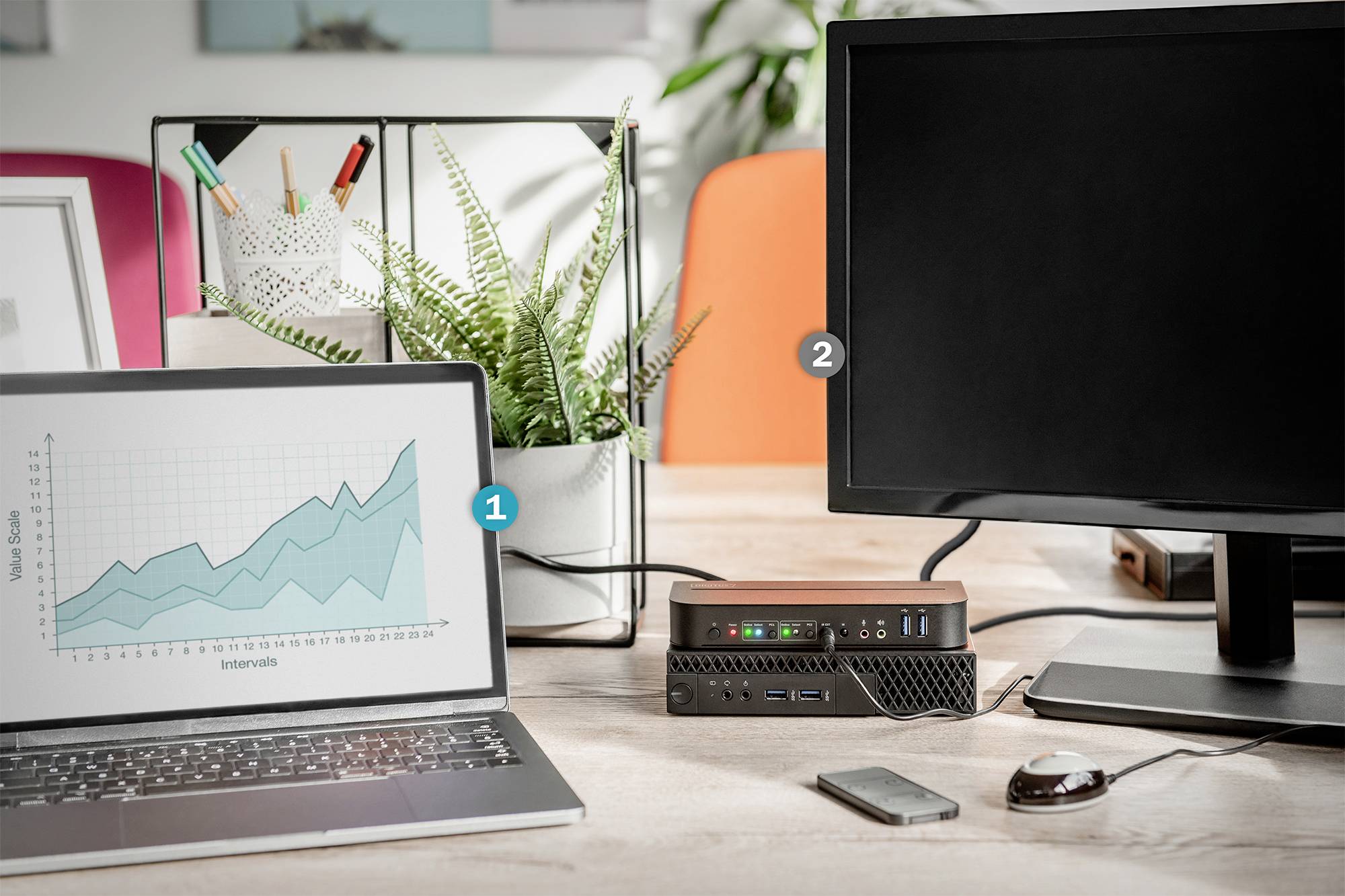 Ein Arbeitsbereich mit einem Laptop, der ein steigendes Liniendiagramm zeigt, und einem ausgeschalteten Monitor. Eine Pflanze im Hintergrund.