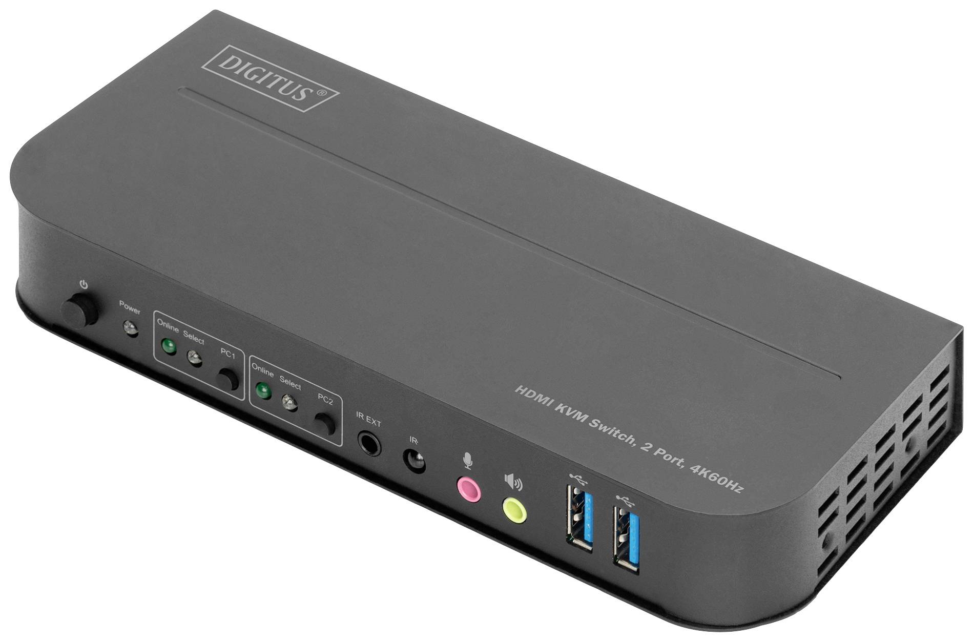 Schwarzer HDMI KVM Switch mit zwei Ports und 4K60Hz-Unterstützung, vorne mit Anschlüssen für Audio und USB, DigiTUS-Logo oben links.