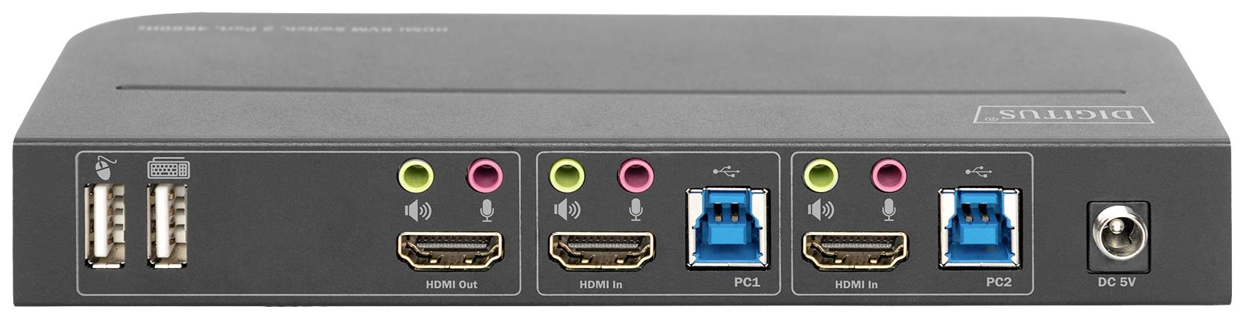 Rückansicht eines elektronischen Geräts mit mehreren Anschlüssen, darunter USB-, HDMI- und Audioanschlüsse.