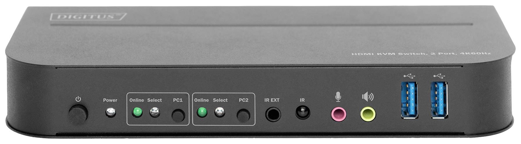 Ein KVM-Switch mit zwei USB-3.0-Anschlüssen, Mikrofon- und Kopfhöreranschlüssen, zwei PC-Auswahltasten und LED-Anzeigen für Power und Online-Status.