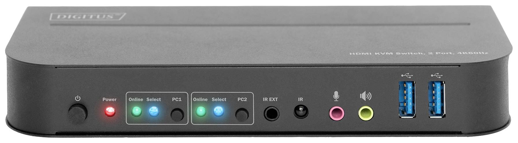 Ein schwarzer KVM-Switch mit vier Tasten für PC-Auswahl, zwei USB 3.0-Anschlüssen, Audioanschlüssen und Status-LEDs auf der Vorderseite.