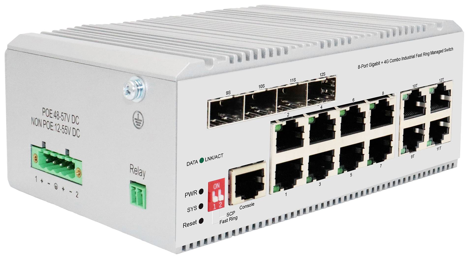 Ein grauer 12-Port Gigabit Ethernet-Industrieswitch mit mehreren Ethernet-Anschlüssen und einer grünen Relaisschnittstelle auf der linken Seite.