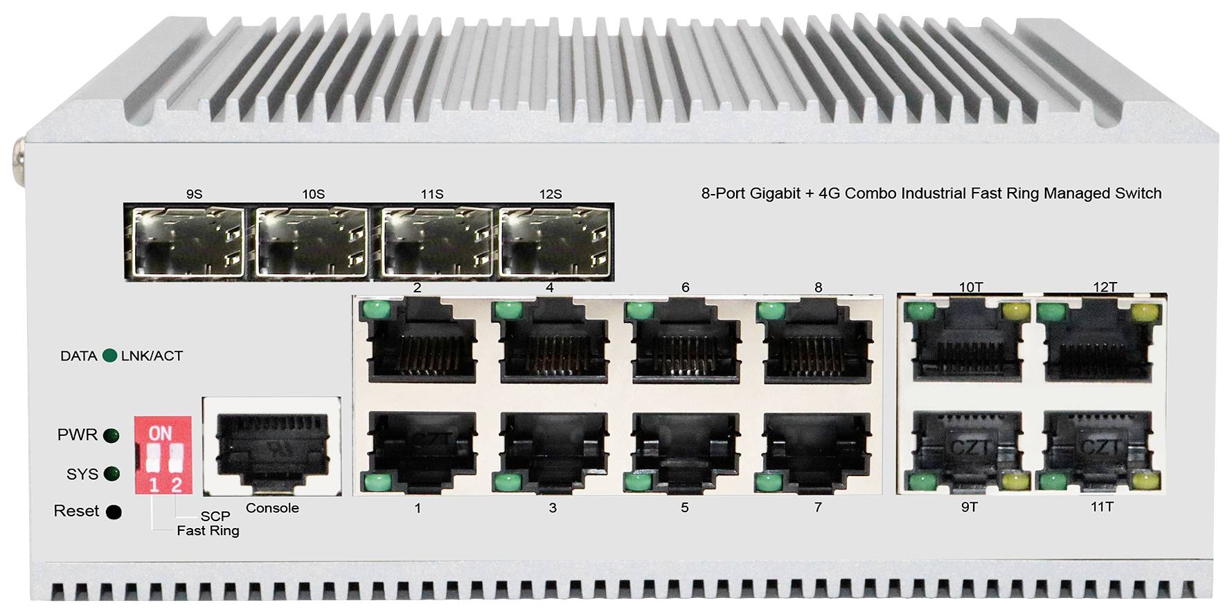 8-Port Gigabit + 4G Combo Industrial Fast Ring Managed Switch mit 8 Ethernet-Ports und 4 Glasfaser-Schnittstellen, Lichter zeigen Betriebsstatus.