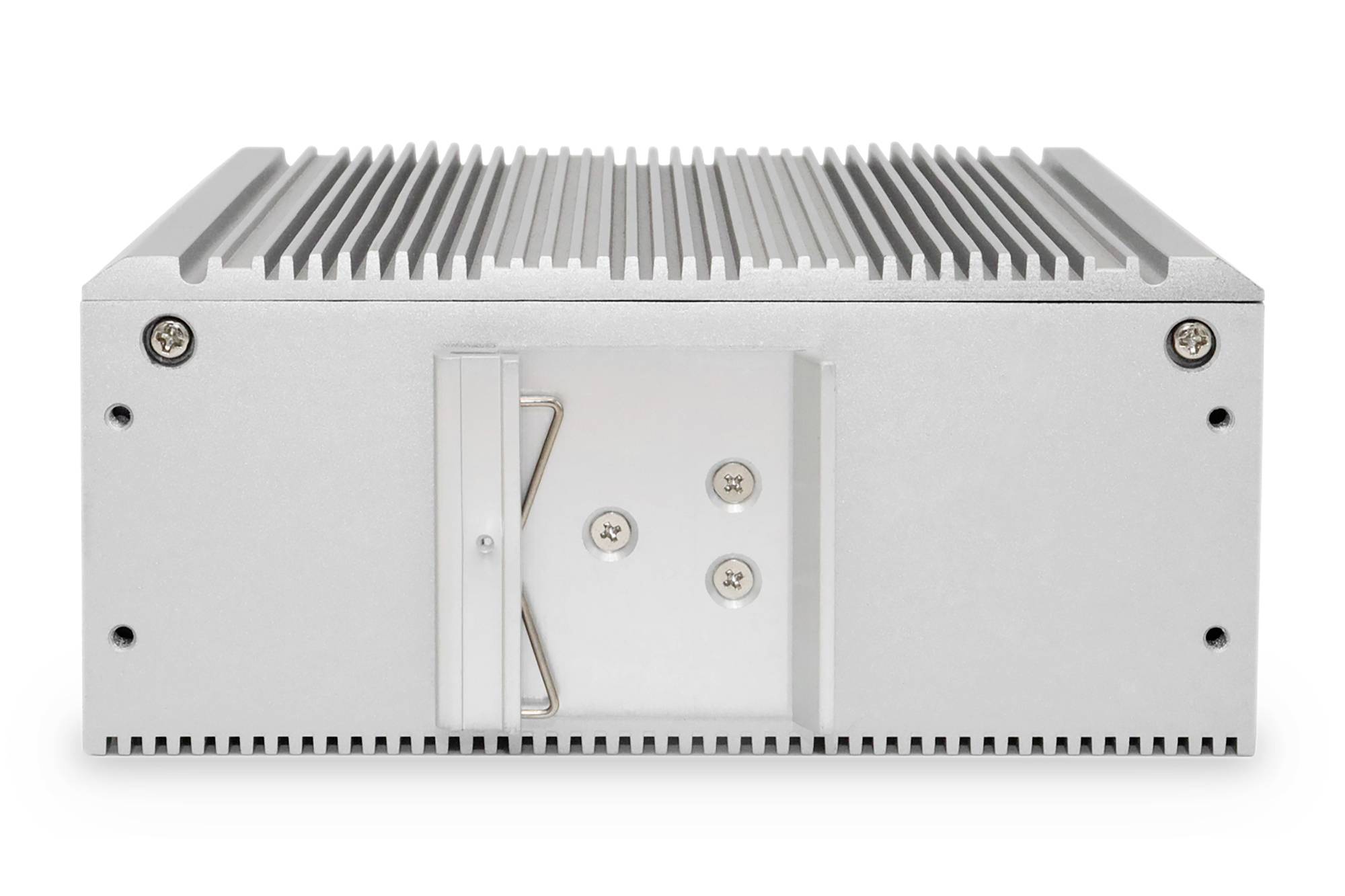 Ein silbernes, rechteckiges elektronisches Gerät mit Kühlrippen oben und vier sichtbaren Schrauben an der Vorderseite.