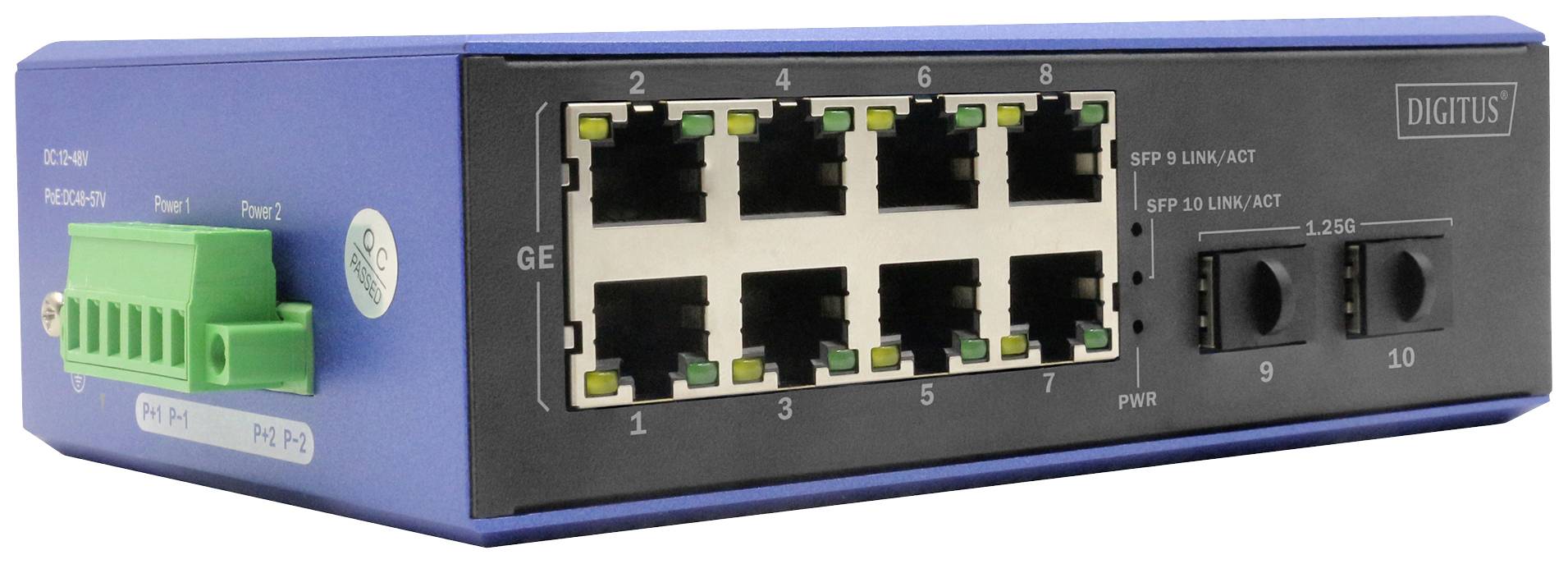 Industrieller Netzwerkswitch mit 8 Ethernet-Ports und 2 SFP-Slots, geeignet für Datenübertragung in rauen Umgebungen.