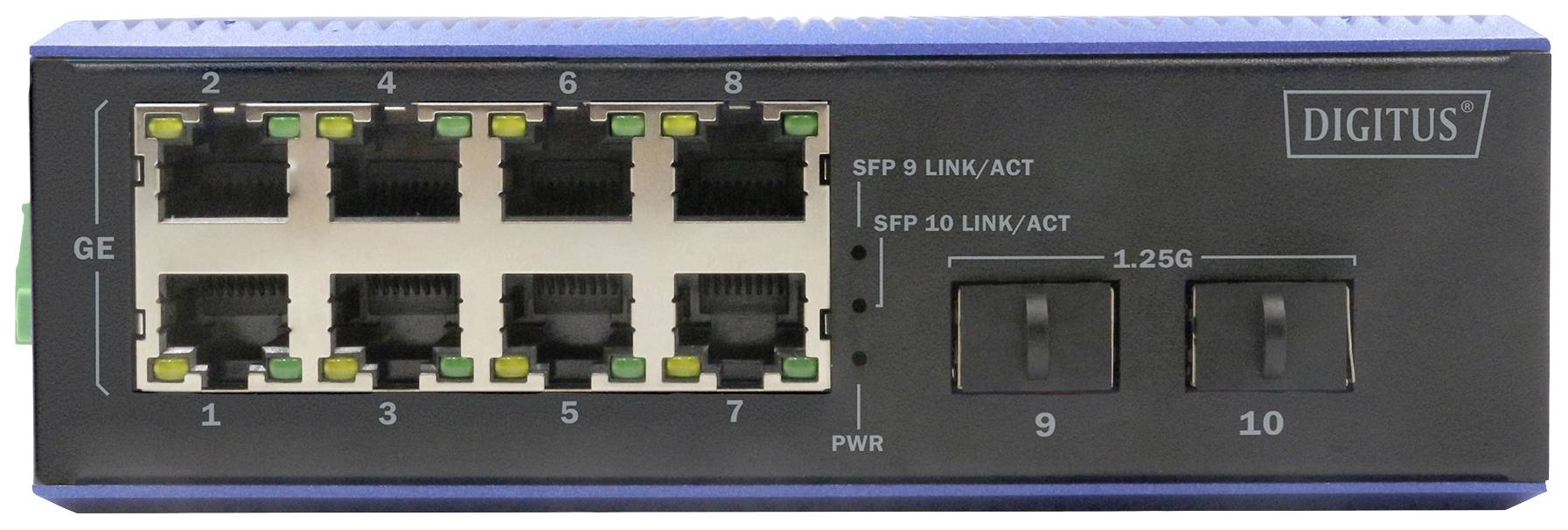 Ein Netzwerk-Switch mit acht Ethernet-Anschlüssen und zwei SFP-Steckplätzen, geeignet für Verkabelung in IT-Netzwerken.