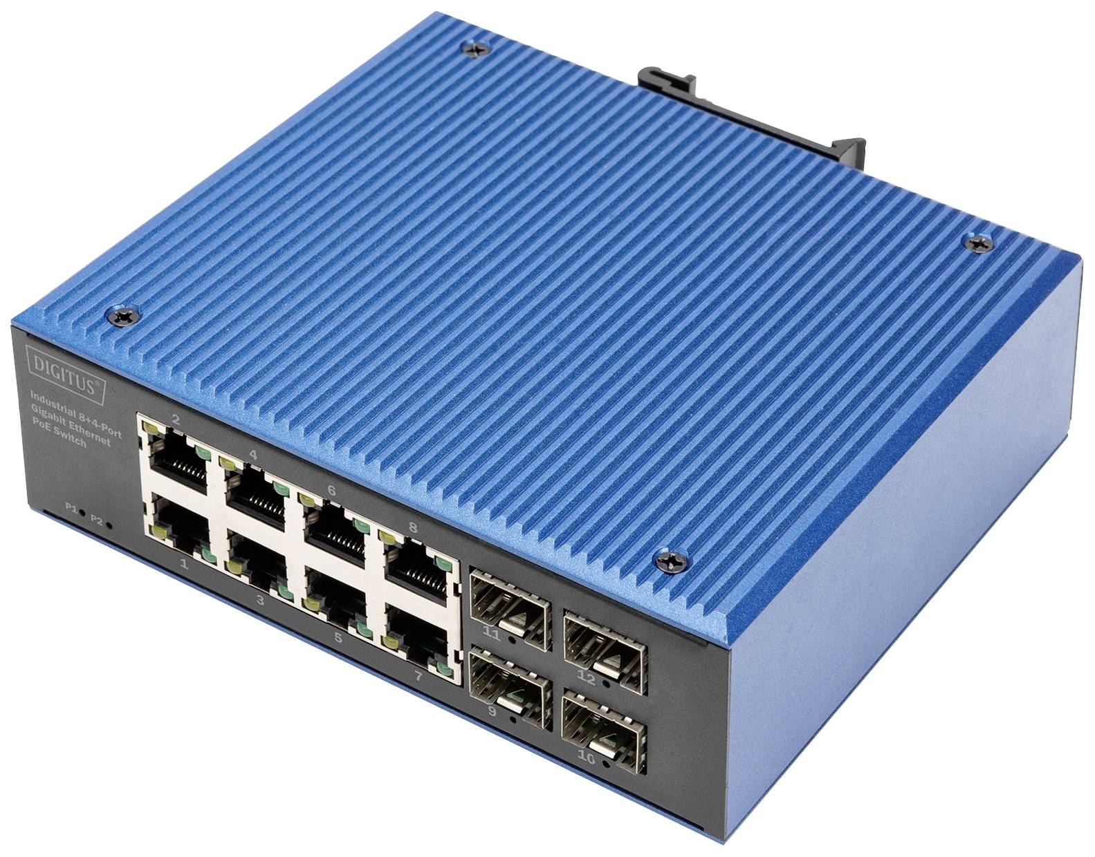 Blauer Netzwerk-Switch mit acht Ethernet-Ports und vier optischen Anschlüssen, geeignet für Büro- oder Heimnetzwerke.